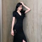 V-neck Lace Trim Short-sleeve Sheath Dress