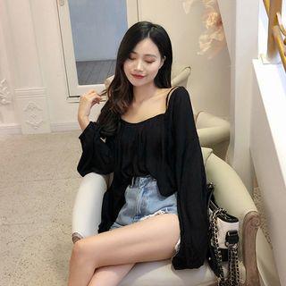 Bishop-sleeve Shirred Cardigan & Spaghetti-strap Top Set
