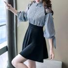 Elbow-sleeve Plaid Panel A-line Mini Dress