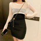 Long-sleeve Sheer Knit Crop Top / Spaghetti Strap Mini Bodycon Dress
