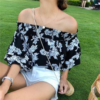 3/4-sleeve Off Shoulder Printed Chiffon Top