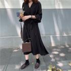 Long-sleeve Midi Chiffon Dress Black - One Size