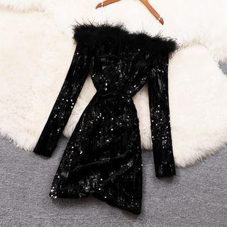 Off-shoulder Sequined Slit Dress