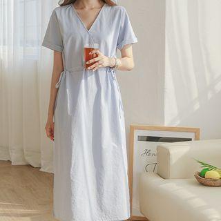 Rollup-sleeve Tie-side Long Wrap Dress