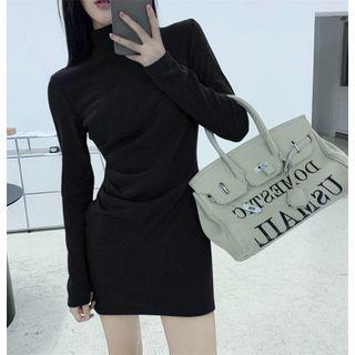 Turtleneck Plain Ruched Dress