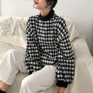 Turtleneck Houndstooth Sweatshirt As Shown In Figure - One Size