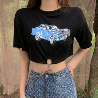 Short-sleeve Car Print Chain Cropped T-shirt