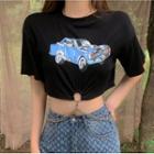 Short-sleeve Car Print Chain Cropped T-shirt
