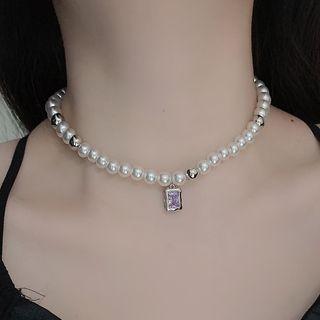 Faux Pearl Rhinestone Necklace Purple - One Size