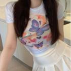 Butterfly Print Cropped T-shirt Blue - One Size