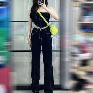 Denim Cropped Tube Top / Wide Leg Jeans