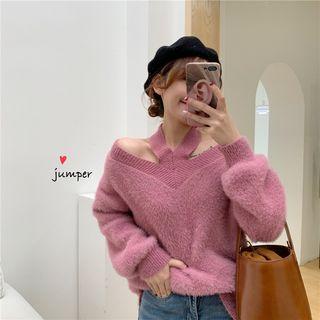 Cold-shoulder Furry Sweater Rose Pink - One Size