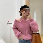 Cold-shoulder Furry Sweater Rose Pink - One Size