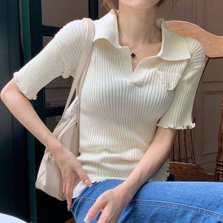 Polo Short-sleeve Plain Ruffled Trim Knit Top