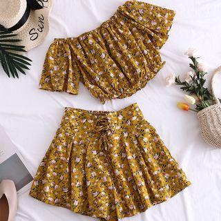 Set: Floral Short-sleeve Top + Floral Shorts Yellow - One Size