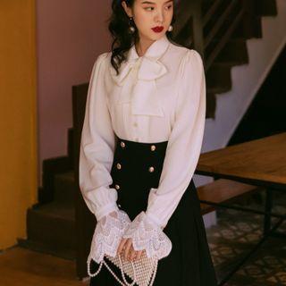 Set: Tie-neck Blouse + Slit Midi A-line Skirt