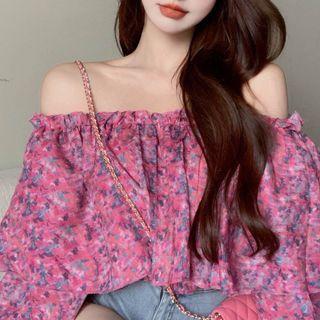 Floral Print Off-shoulder Blouse Red - One Size