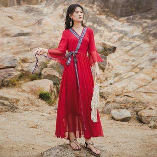 Bell-sleeve Tie-waist Maxi A-line Chiffon Dress