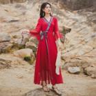 Bell-sleeve Tie-waist Maxi A-line Chiffon Dress