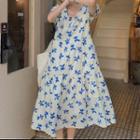 Short-sleeve Floral Print Midi A-line Dress Off-white & Blue - One Size