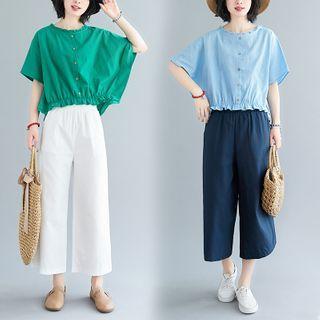 Ruffled Elbow-sleeve Blouse / Cropped Wide-leg Pants