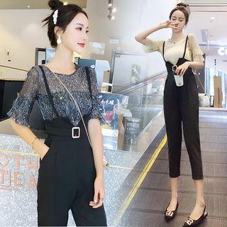 Glitter Elbow-sleeve Top / Cropped Jumper Pants / Set