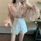 Puff-sleeve Floral Print Blouse / Skort