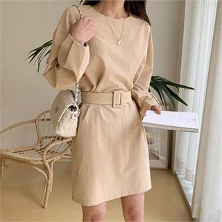Puff-sleeve Zip-back Dress With Belt Beige - One Size