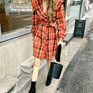 Sailor-collar Frill-trim Plaid Coatdress With Belt