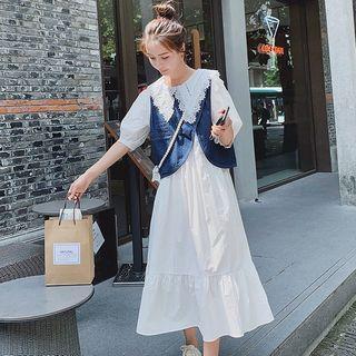 Mock Two-piece Puff-sleeve Denim Panel Midi Dress