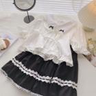 Puff-sleeve Ruffle-trim Lace-up Blouse / Lace-trim High-waist Skirt