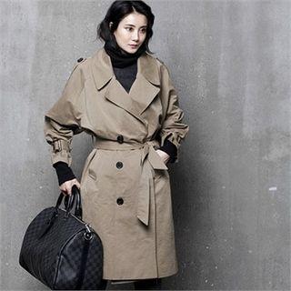 Dolman-sleeve Trench Coat With Sash
