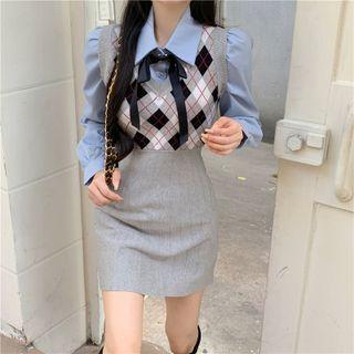 Long-sleeve Plain Shirt / Argyle Panel Plain Slim Fit Tank Top Dress