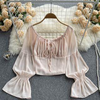 Bell-sleeve Square-neck Plain Drawstring Cropped Top