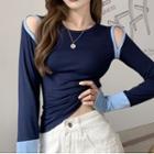 Two-tone Long-sleeve Cut Out T-shirt