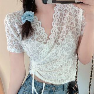 Drawstring Ruched Short-sleeve Lace Top