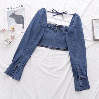 Long-sleeve Zip Denim Cropped Top