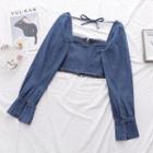 Long-sleeve Zip Denim Cropped Top