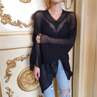 Plain Long-sleeve Loose-fit Knit Top Black - One Size