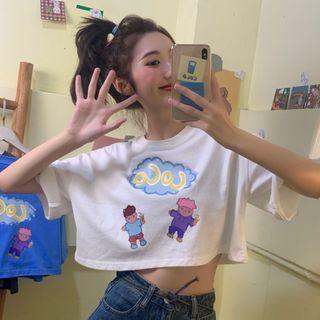 Cartoon Printed Short-sleeve Cropped Top