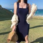 Asymmetrical Slit Knit Sheath Tank Dress
