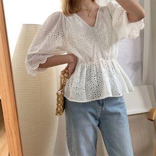 V-neck Bell-sleeve Peplum Eyelet Blouse White - One Size