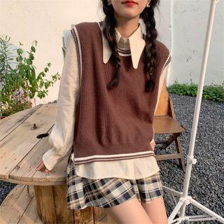 Contrast Trim Knit Vest / Long-sleeve Plain Shirt