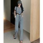 Asymmetrical Striped Crop T-shirt / Drawcord Wide-leg Pants