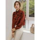 Frill-trim Patterned Blouse With Sash Brown - One Size
