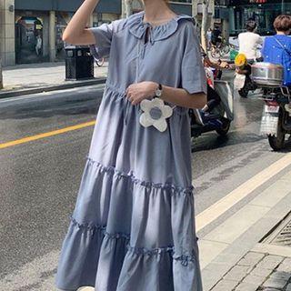 Plain Peter-pan Collar Lace-up Short-sleeve Dress