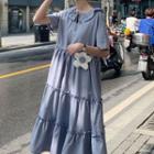 Plain Peter-pan Collar Lace-up Short-sleeve Dress