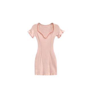 Short-sleeve Ruffle Trim Ribbed Knit Dress