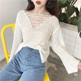 Long-sleeve Lace-up Plain Knit Top