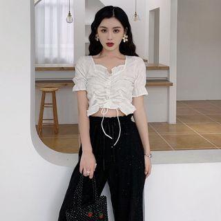 Puff-sleeve Drawstring Ruffled Cropped Top